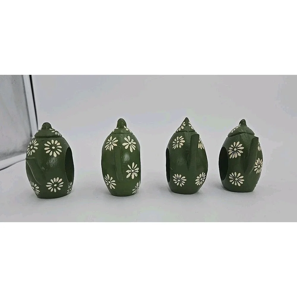 4 Wood Napkin Holders Hand Painted Green Teapot‎ Floral Vtg 70s 80s Cottagecore